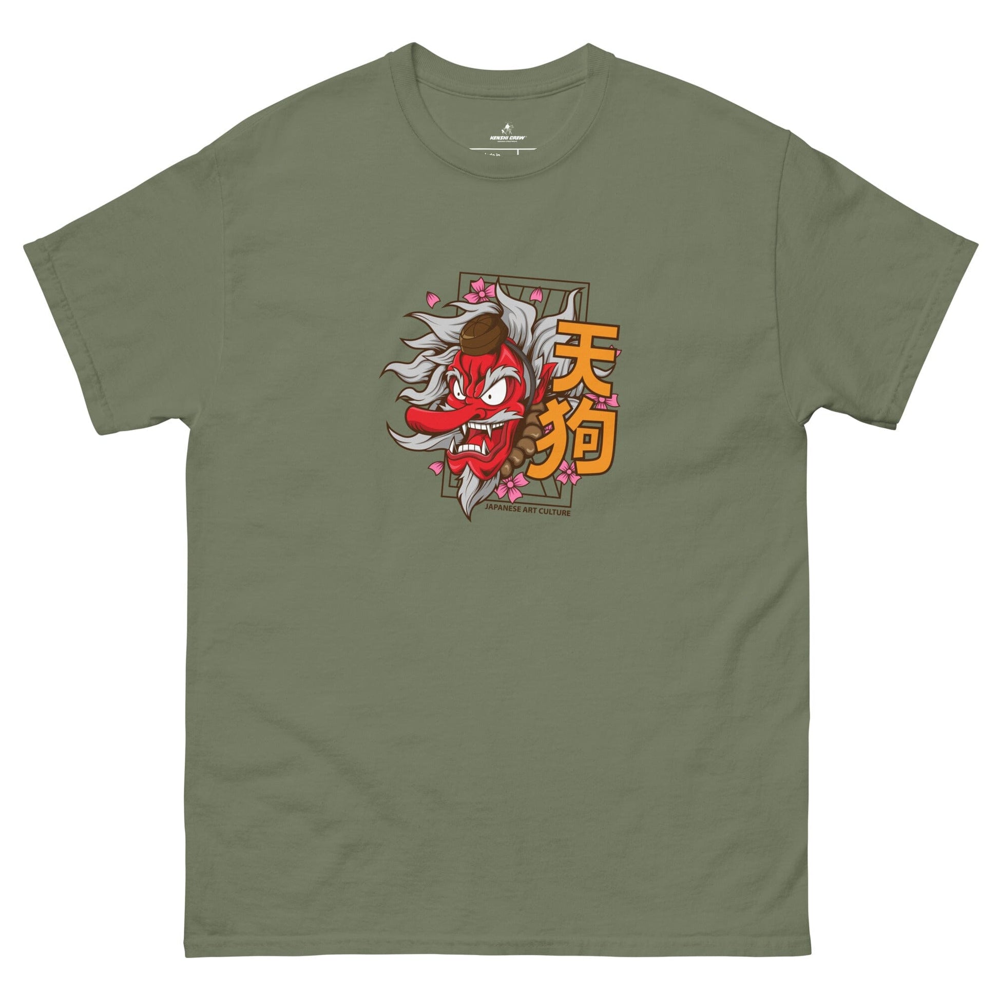 Tengu Mask T-shirt Japanese T-shirts Kenshi Crew Military Green S 