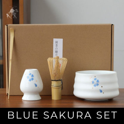 Japanese Painting Matcha Tea Gift Set Matcha Tea Set Kenshi Crew Blue Sakura Set 4Pcs + Gift Box 