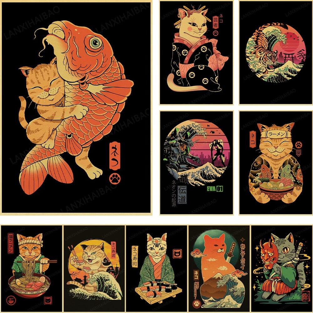 Japanese Samurai Cat Vintage Canva Posters Japanese Wall Art Kenshi Crew 