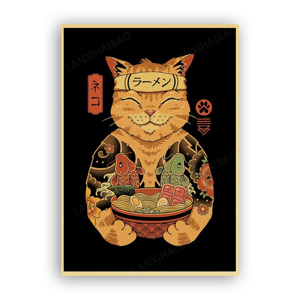 Japanese Samurai Cat Vintage Canva Posters Japanese Wall Art Kenshi Crew 