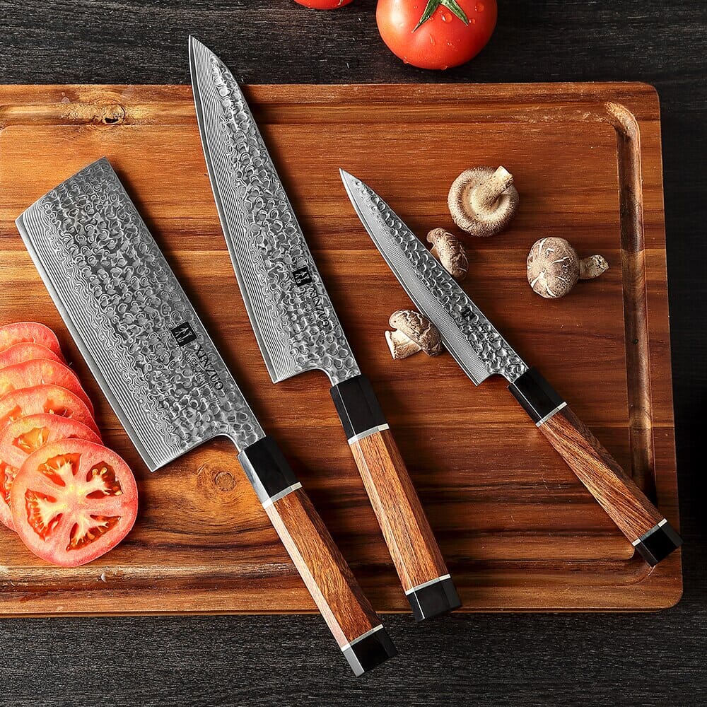 Zhen Series 67 Layers Damascus VG10 Steel Japanese Kitchen Knife Set 3 Pcs Damascus Knife Set Kenshi Crew 